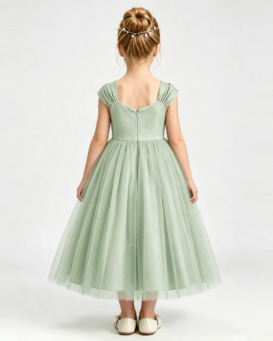 Sage Green Tulle A-line Girls Formal Dress Back View