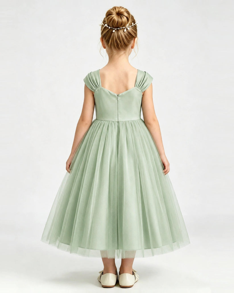 Sage Green Tulle A-line Girls Formal Dress Back View
