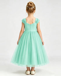 Turquoise Flower Girl Dress Pearl Trim Flutter Sleeve Puffy Tulle A-Line Midi Gown Back Full View