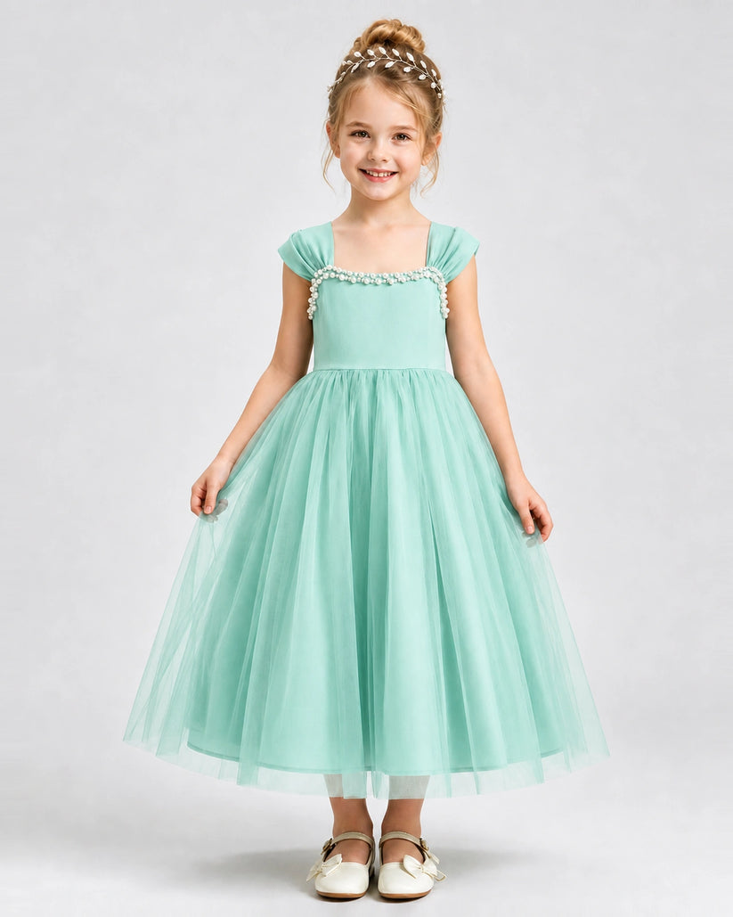 Turquoise Tulle A-line Girls Formal Dress Front View