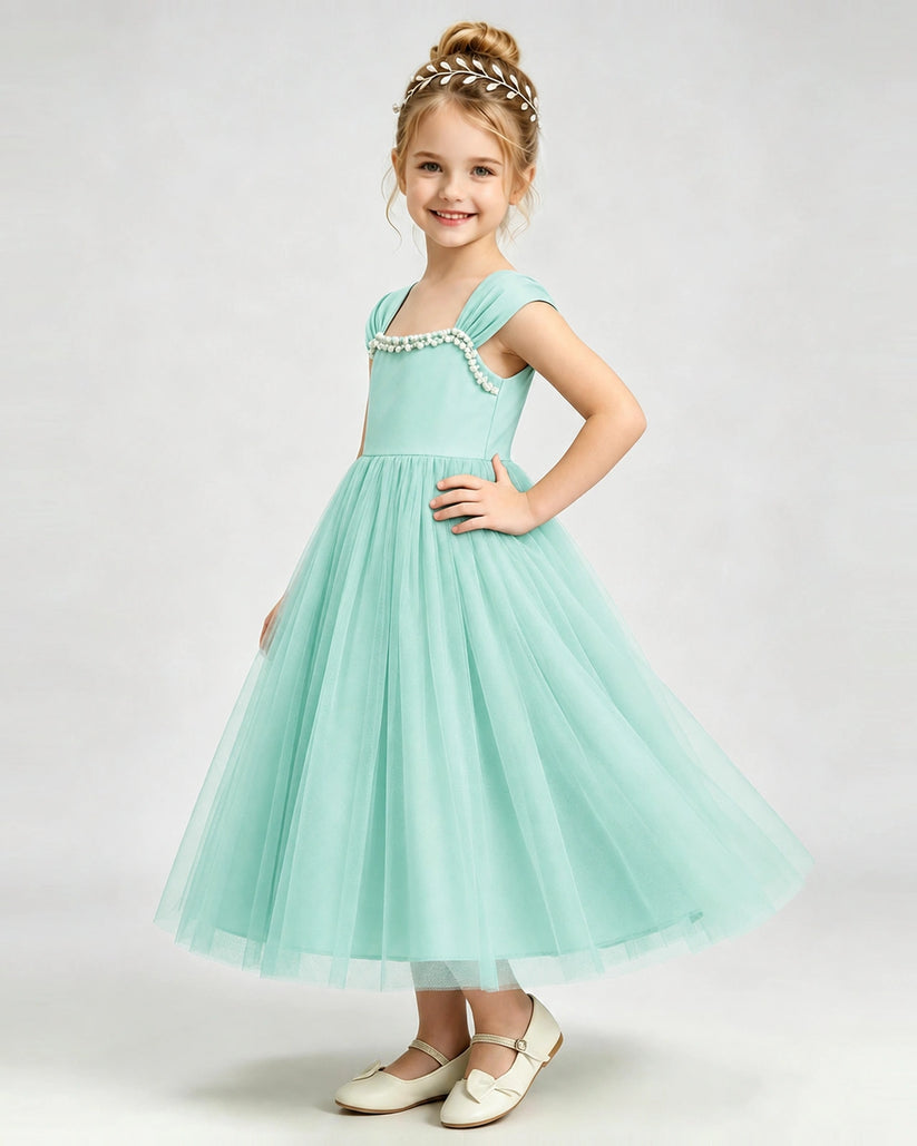 Turquoise Tulle A-line Girls Formal Dress Side View
