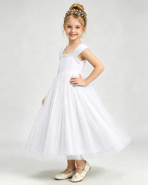 White Flower Girl Dress Pearl Trim Flutter Sleeve Puffy Tulle A-Line Midi Gown Side Full View