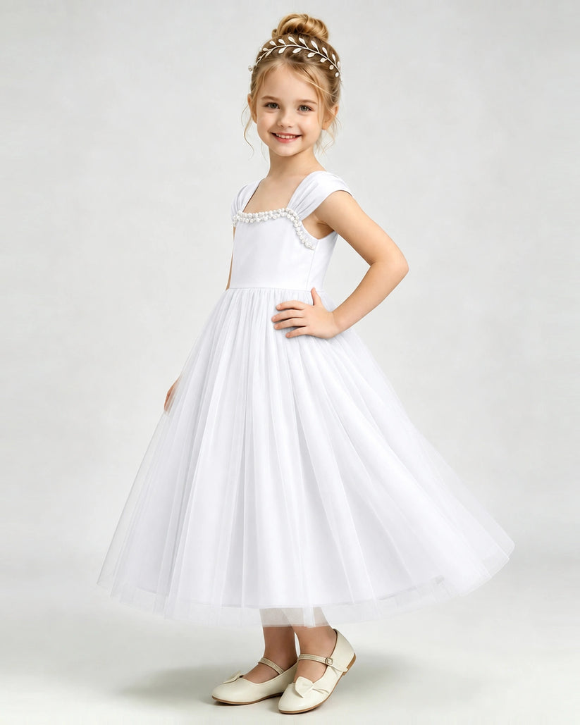 White Tulle A-line Girls Formal Dress Side View