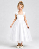White Tulle A-line Girls Formal Dress Front View