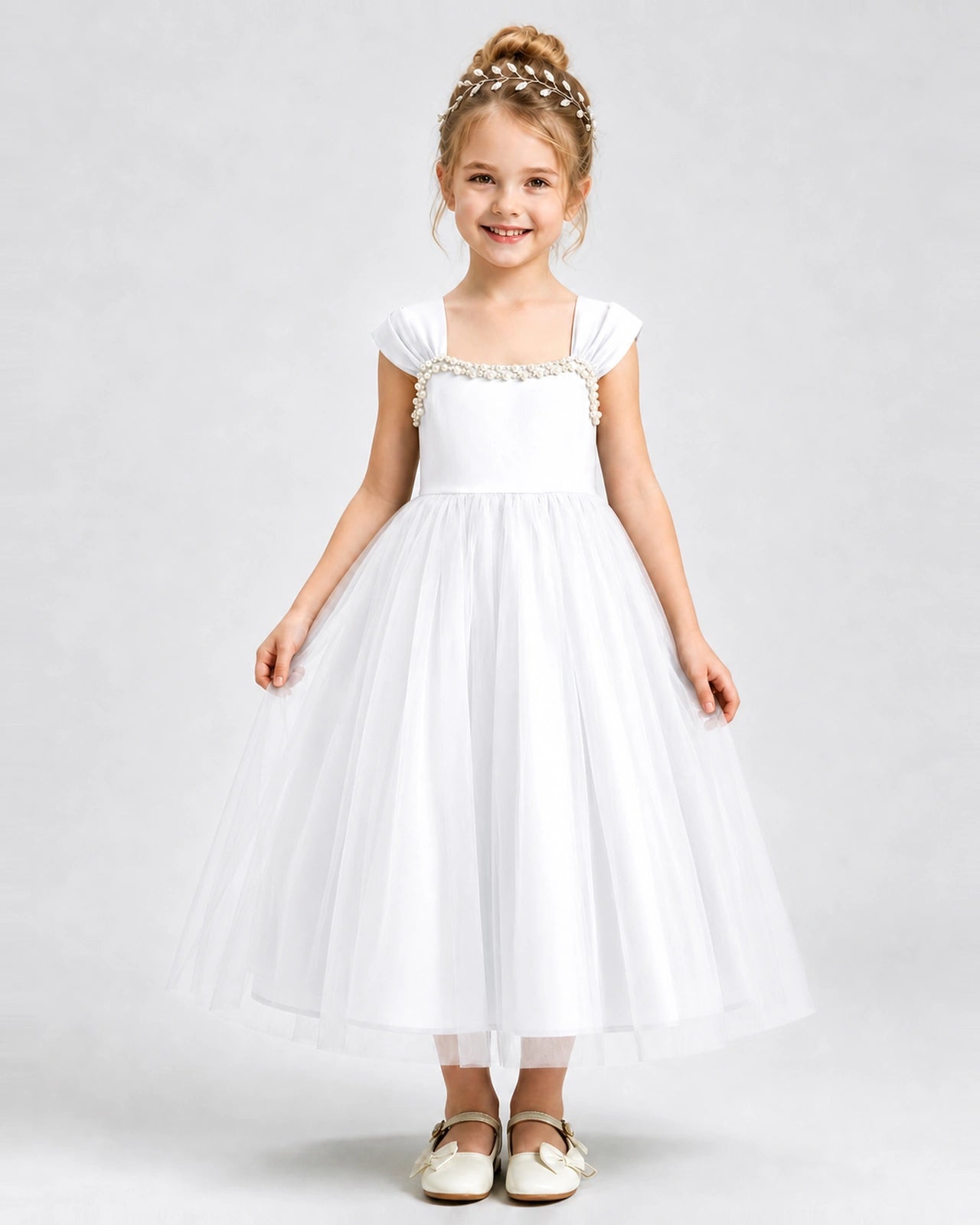 White Flower Girl Dress Pearl Trim Flutter Sleeve Puffy Tulle A-Line Midi Gown Front Full View
