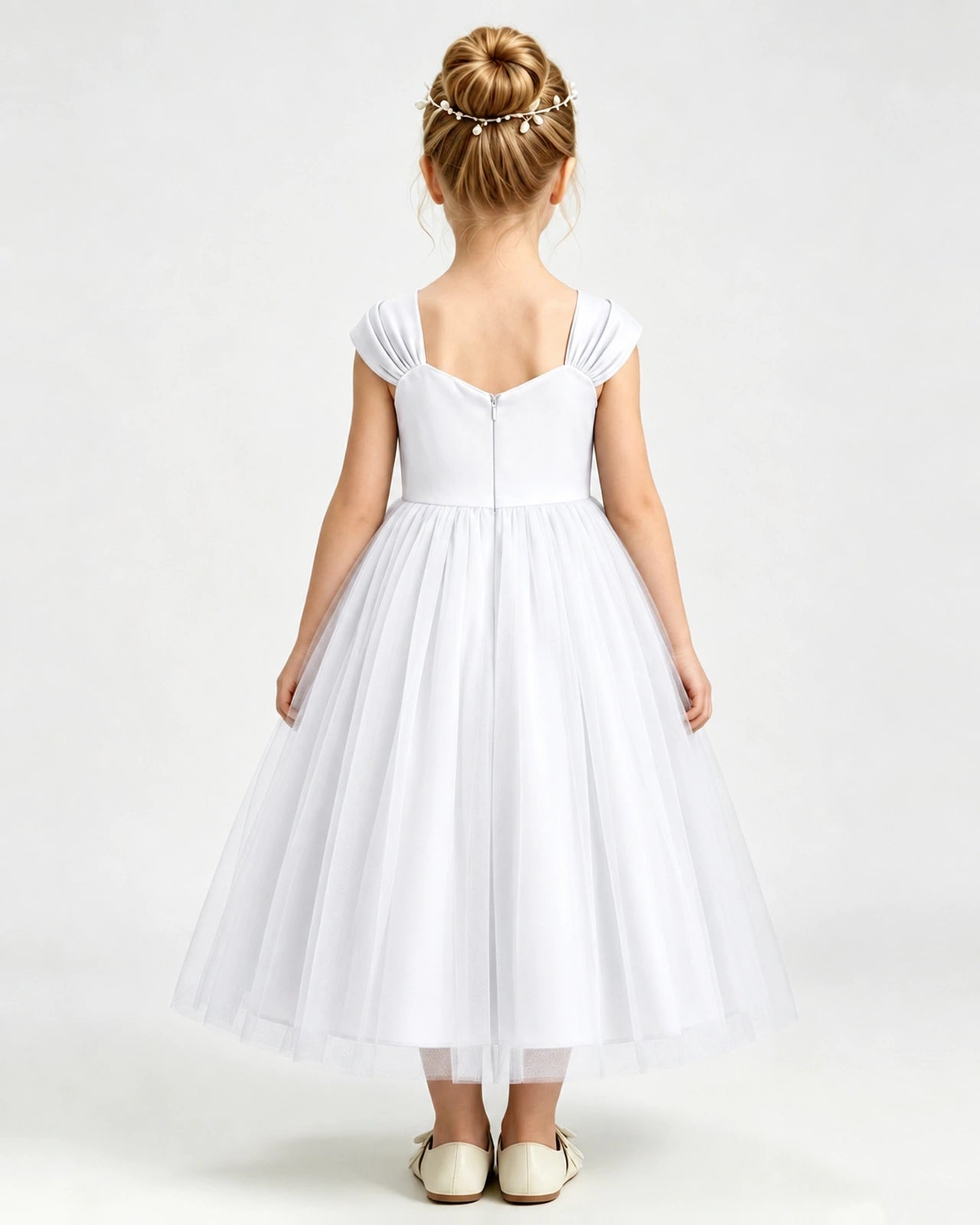 White Flower Girl Dress Pearl Trim Flutter Sleeve Puffy Tulle A-Line Midi Gown Back Full View
