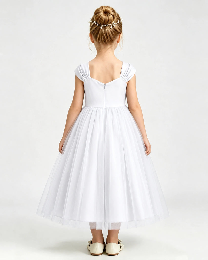 White Tulle A-line Girls Formal Dress Back View