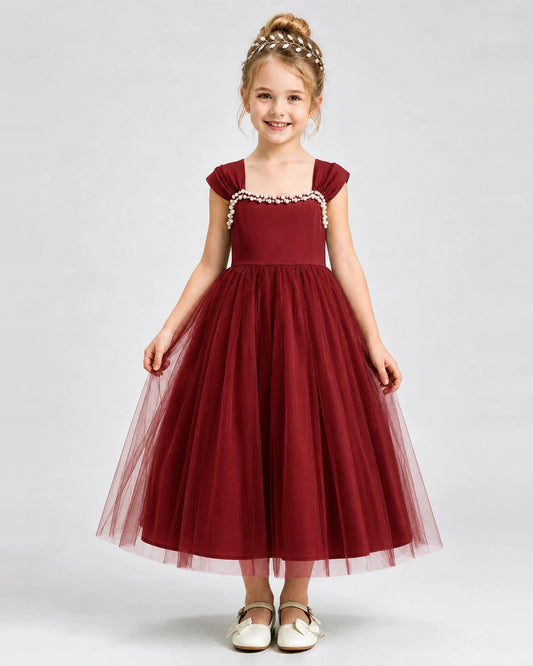Burgundy Tulle A-line Girls Formal Dress Front View