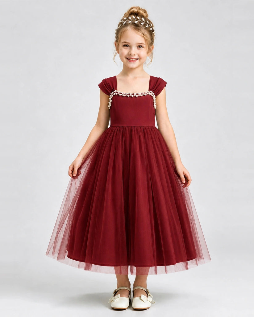 Burgundy Tulle A-line Girls Formal Dress Front View