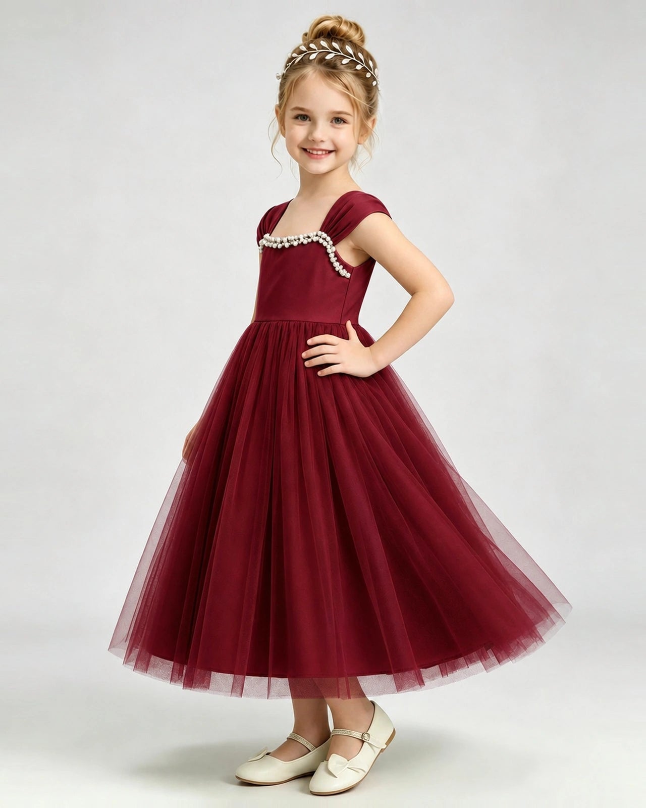 Windred Flower Girl Dress Pearl Trim Flutter Sleeve Puffy Tulle A-Line Midi Gown Side Full View