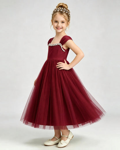 Windred Flower Girl Dress Pearl Trim Flutter Sleeve Puffy Tulle A-Line Midi Gown Side Full View