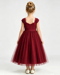 Windred Flower Girl Dress Pearl Trim Flutter Sleeve Puffy Tulle A-Line Midi Gown Back Full View