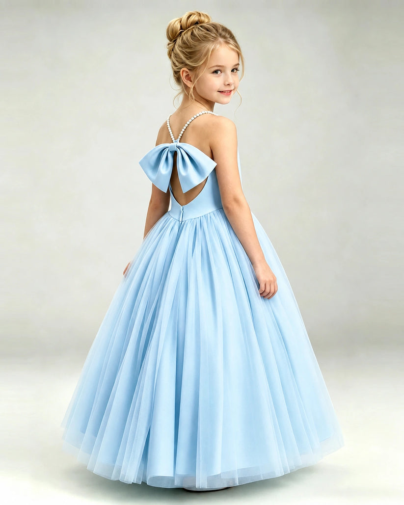 Baby Blue Tulle Ball Gown Girls Formal Dress Back View