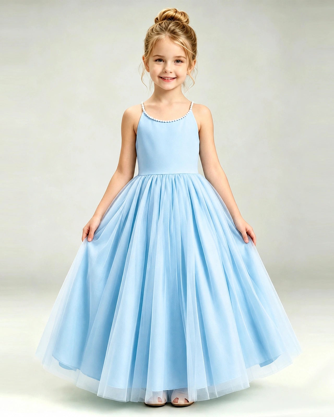 Baby Blue Flower Girl Dress Pearl Strap Open Back Satin Bow Tulle Princess Gown  Front Full View