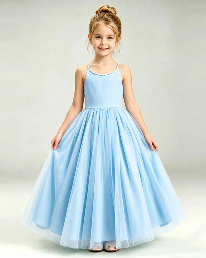 Baby Blue Flower Girl Dress Pearl Strap Open Back Satin Bow Tulle Princess Gown  Front Full View