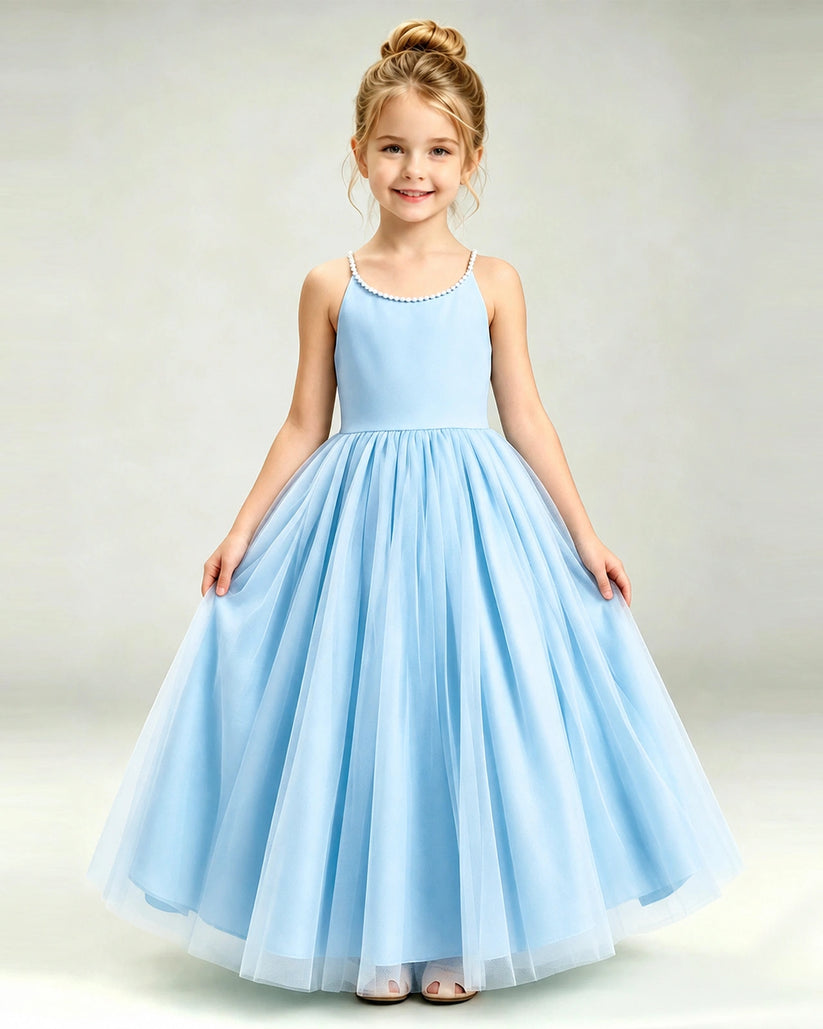Baby Blue Tulle A-line Girls Formal Dress Front View