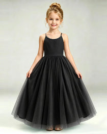 Black Flower Girl Dress Pearl Strap Open Back Satin Bow Tulle Princess Gown Front Full View