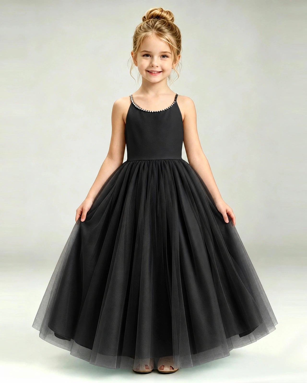 Black Flower Girl Dress Pearl Strap Open Back Satin Bow Tulle Princess Gown Front Full View
