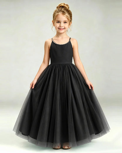 Black Flower Girl Dress Pearl Strap Open Back Satin Bow Tulle Princess Gown Front Full View