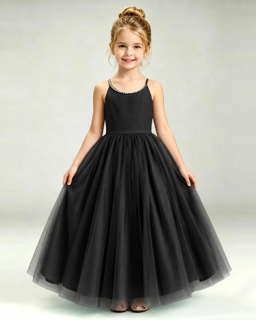 Black Tulle A-line Girls Formal Dress Front View