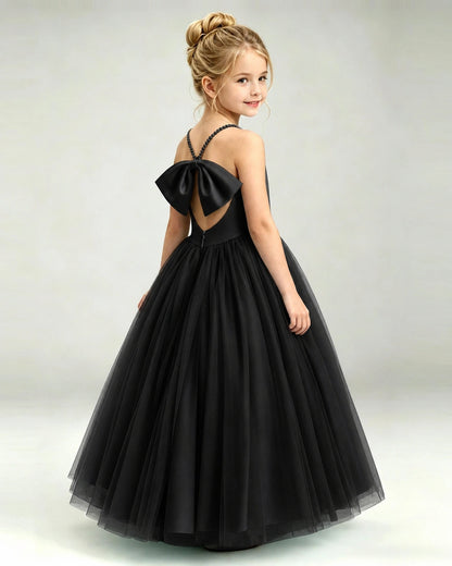 Black Flower Girl Dress Pearl Strap Open Back Satin Bow Tulle Princess Gown Back Full View