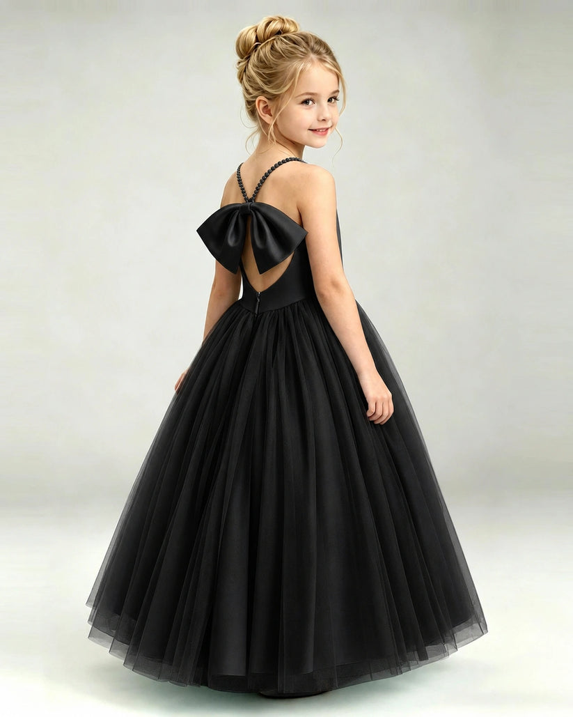 Black Tulle A-line Girls Formal Dress Back View