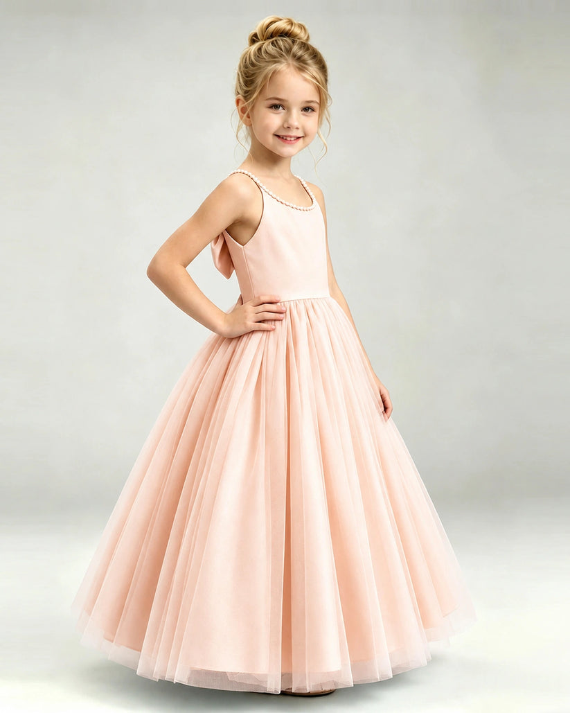 Blush Pink Tulle A-line Girls Formal Dress Side View