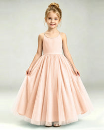 Blush Pink Flower Girl Dress Pearl Strap Open Back Satin Bow Tulle Princess Gown Front Full View