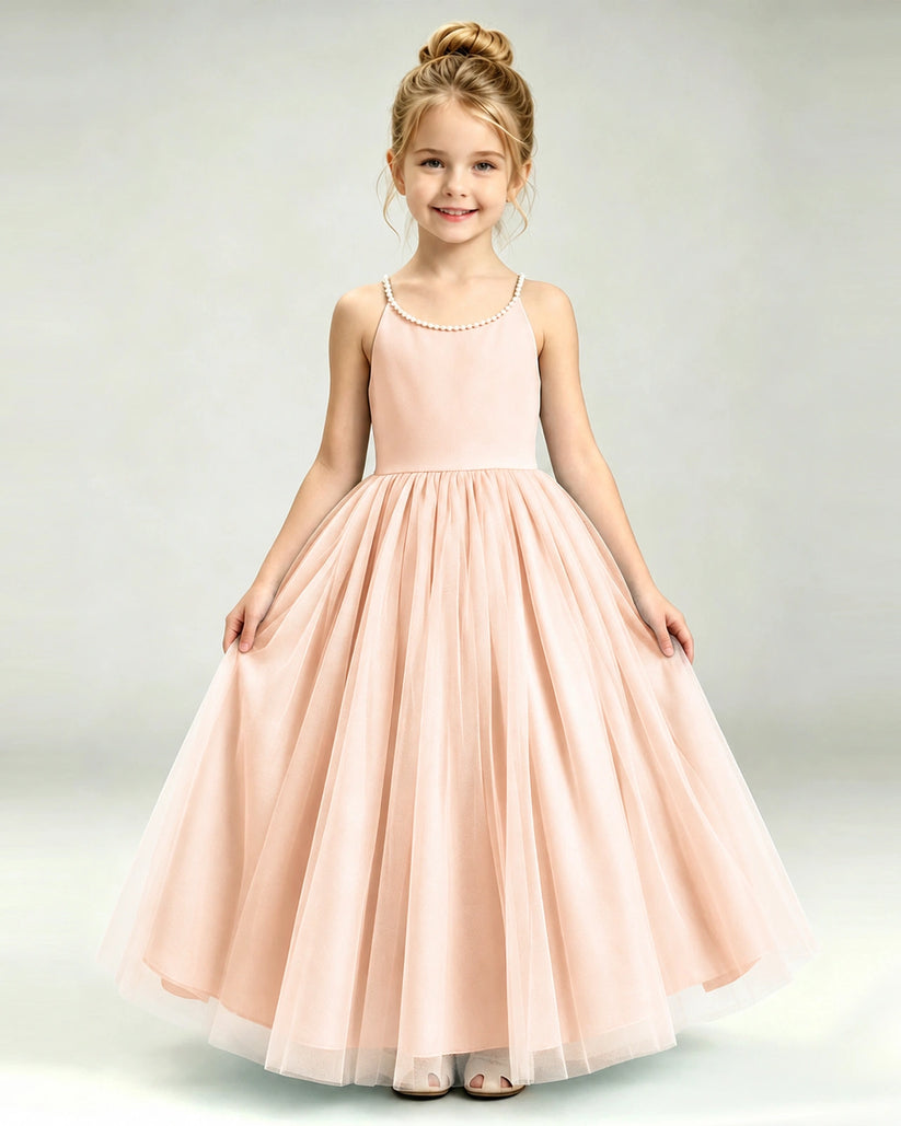 Blush Pink Tulle A-line Girls Formal Dress Front View