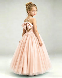 Blush Pink Flower Girl Dress Pearl Strap Open Back Satin Bow Tulle Princess Gown Back Full View