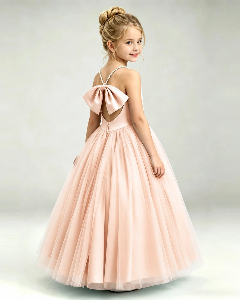 Blush Pink Tulle A-line Girls Formal Dress Back View