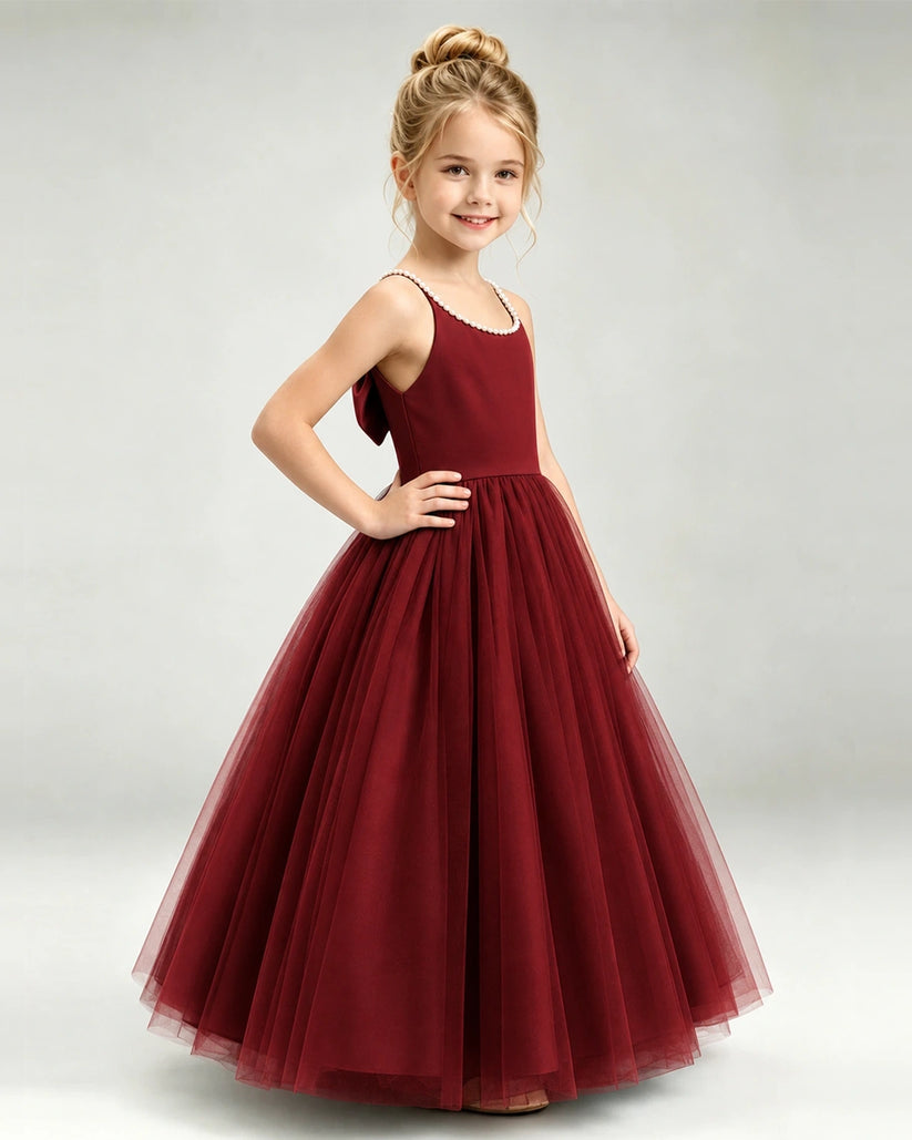 Burgundy Tulle A-line Girls Formal Dress Side View