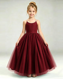 Burgundy Flower Girl Dress Pearl Strap Open Back Satin Bow Tulle Princess Gown Front Full View