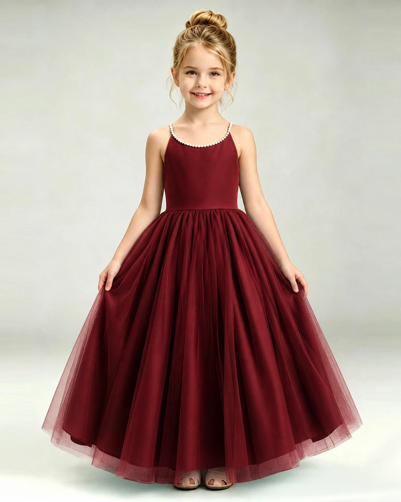 Burgundy Tulle A-line Girls Formal Dress Front View