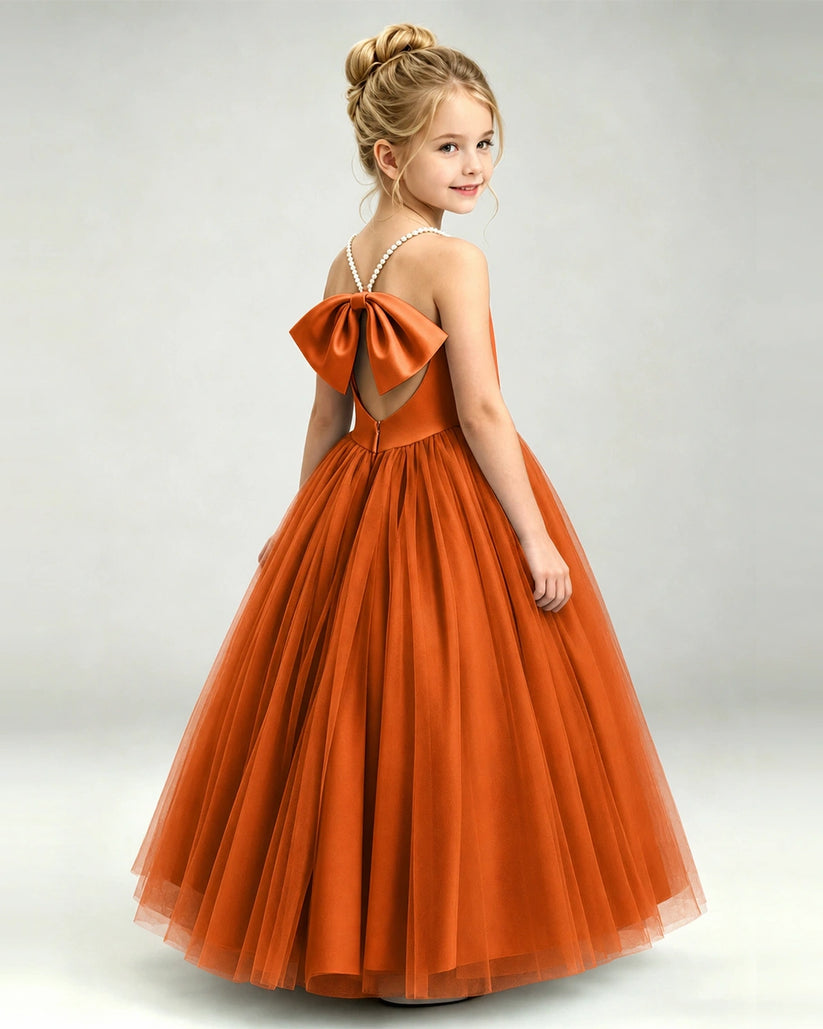 Burnt Orange Tulle A-line Girls Formal Dress Back View