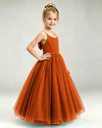 Burnt Orange Flower Girl Dress Pearl Strap Open Back Satin Bow Tulle Princess Gown Side Full View
