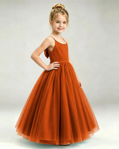 Burnt Orange Flower Girl Dress Pearl Strap Open Back Satin Bow Tulle Princess Gown Side Full View