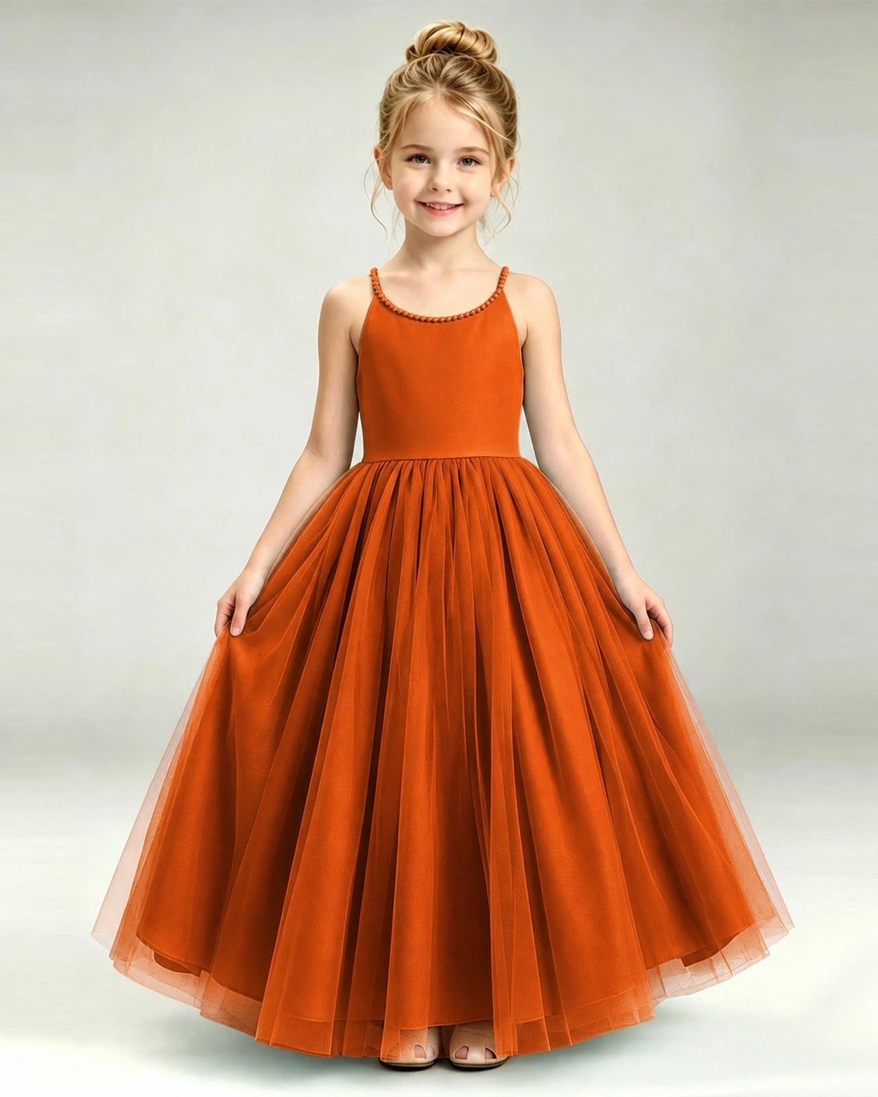 Burnt Orange Flower Girl Dress Pearl Strap Open Back Satin Bow Tulle Princess Gown Front Full View