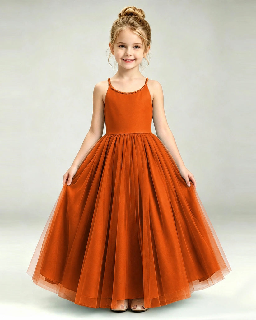 Burnt Orange Tulle A-line Girls Formal Dress Front View