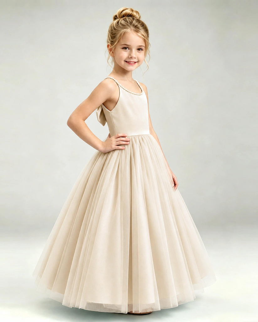 Champagne Tulle A-line Girls Formal Dress Side View