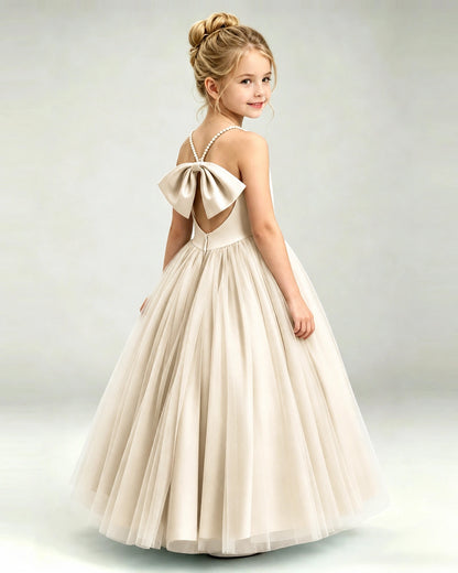 Champagne Flower Girl Dress Pearl Strap Open Back Satin Bow Tulle Princess Gown Back Full View