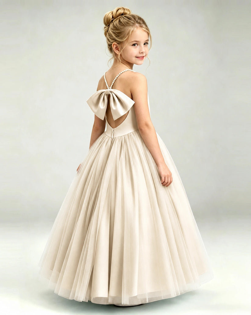 Champagne Tulle A-line Girls Formal Dress Back View