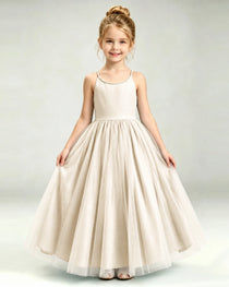 Champagne Flower Girl Dress Pearl Strap Open Back Satin Bow Tulle Princess Gown Front Full View