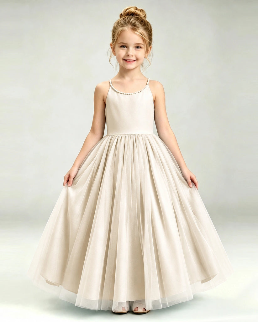 Champagne Tulle A-line Girls Formal Dress Front View