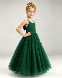 Dark Green Flower Girl Dress Pearl Strap Open Back Satin Bow Tulle Princess Gown Side Full View