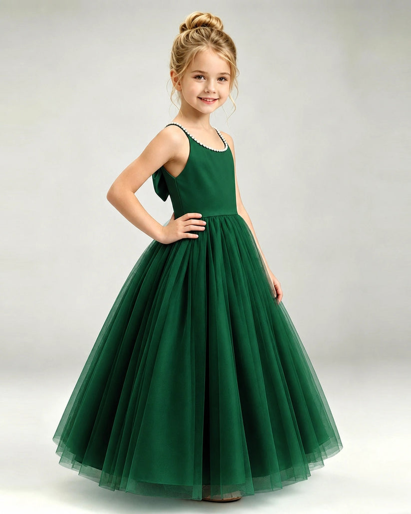 Dark Green Tulle A-line Girls Formal Dress Side View