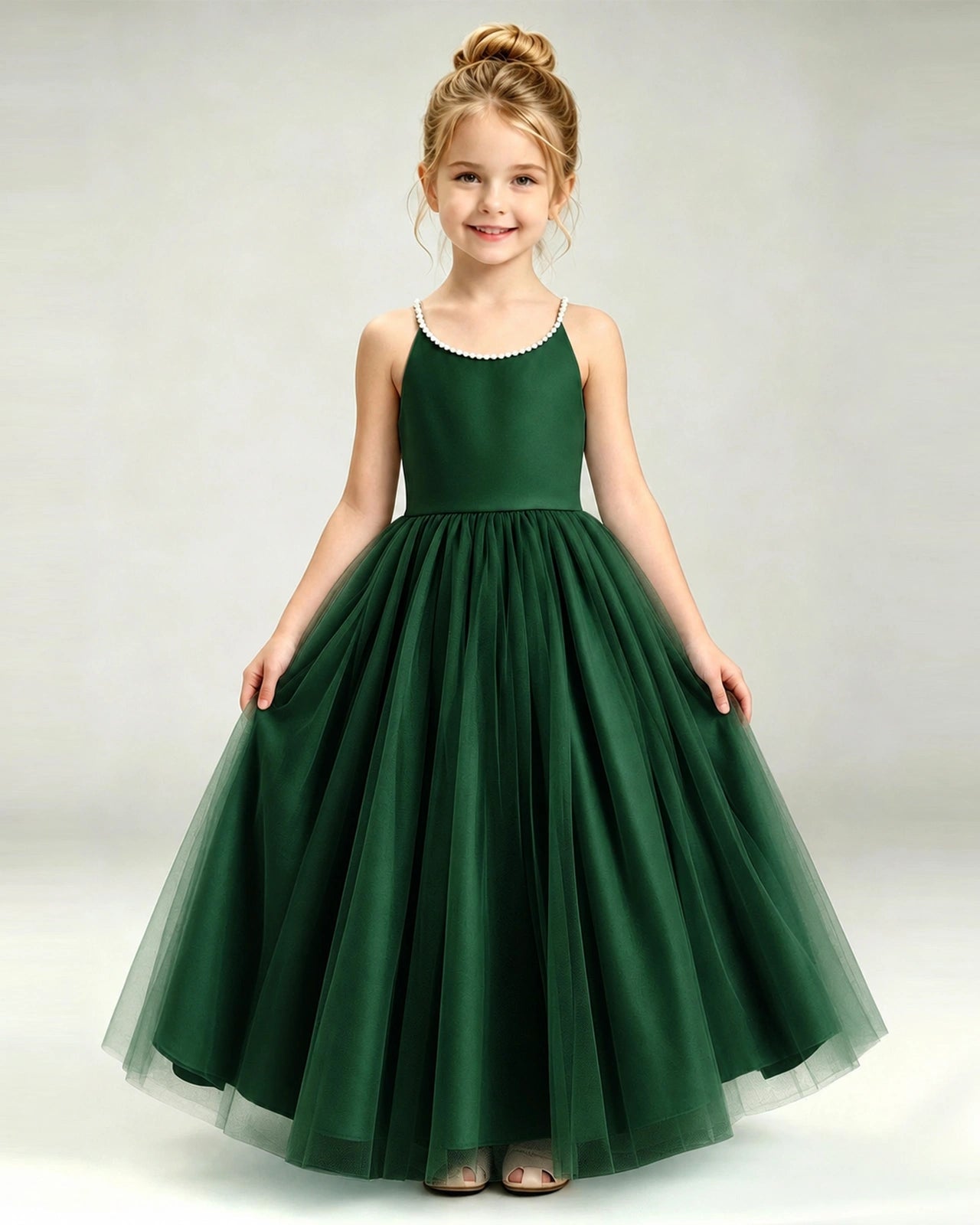 Dark Green Flower Girl Dress Pearl Strap Open Back Satin Bow Tulle Princess Gown Front Full View