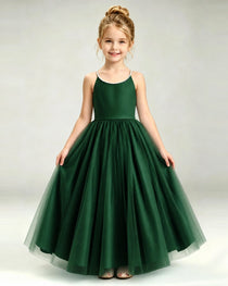Dark Green Flower Girl Dress Pearl Strap Open Back Satin Bow Tulle Princess Gown Front Full View