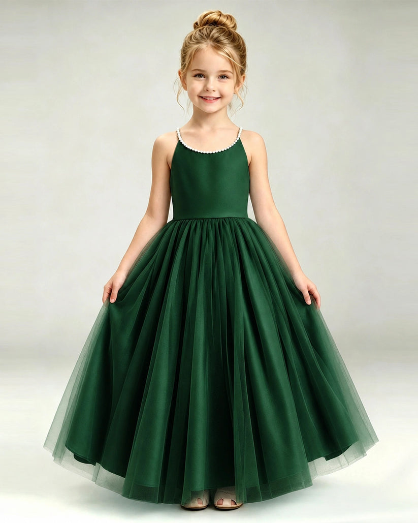 Dark Green Tulle A-line Girls Formal Dress Front View