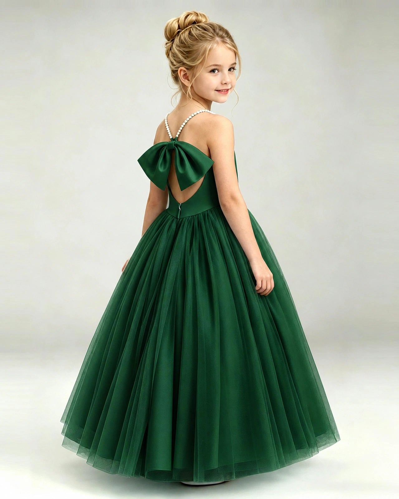 Dark Green Flower Girl Dress Pearl Strap Open Back Satin Bow Tulle Princess Gown Back Full View